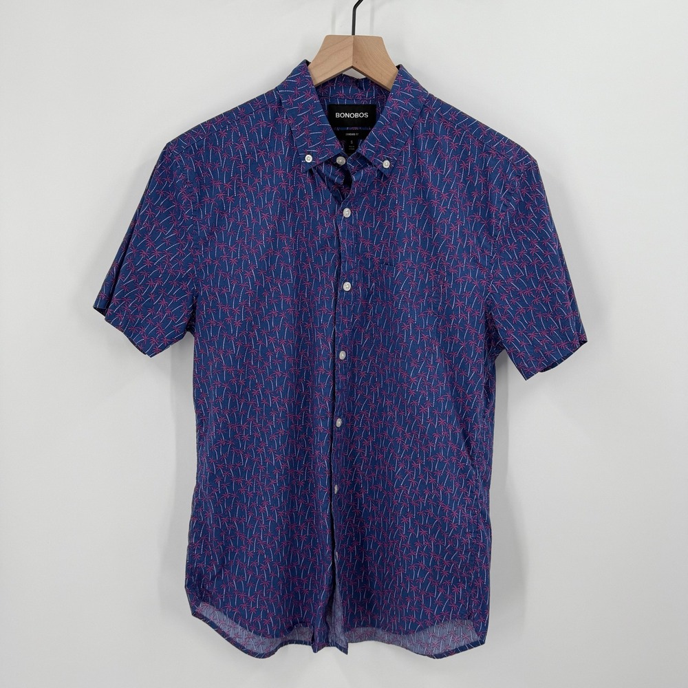 BONOBOS Mens Short Sleeve Button Down Shirt Palm Tree Blue Pink Size S